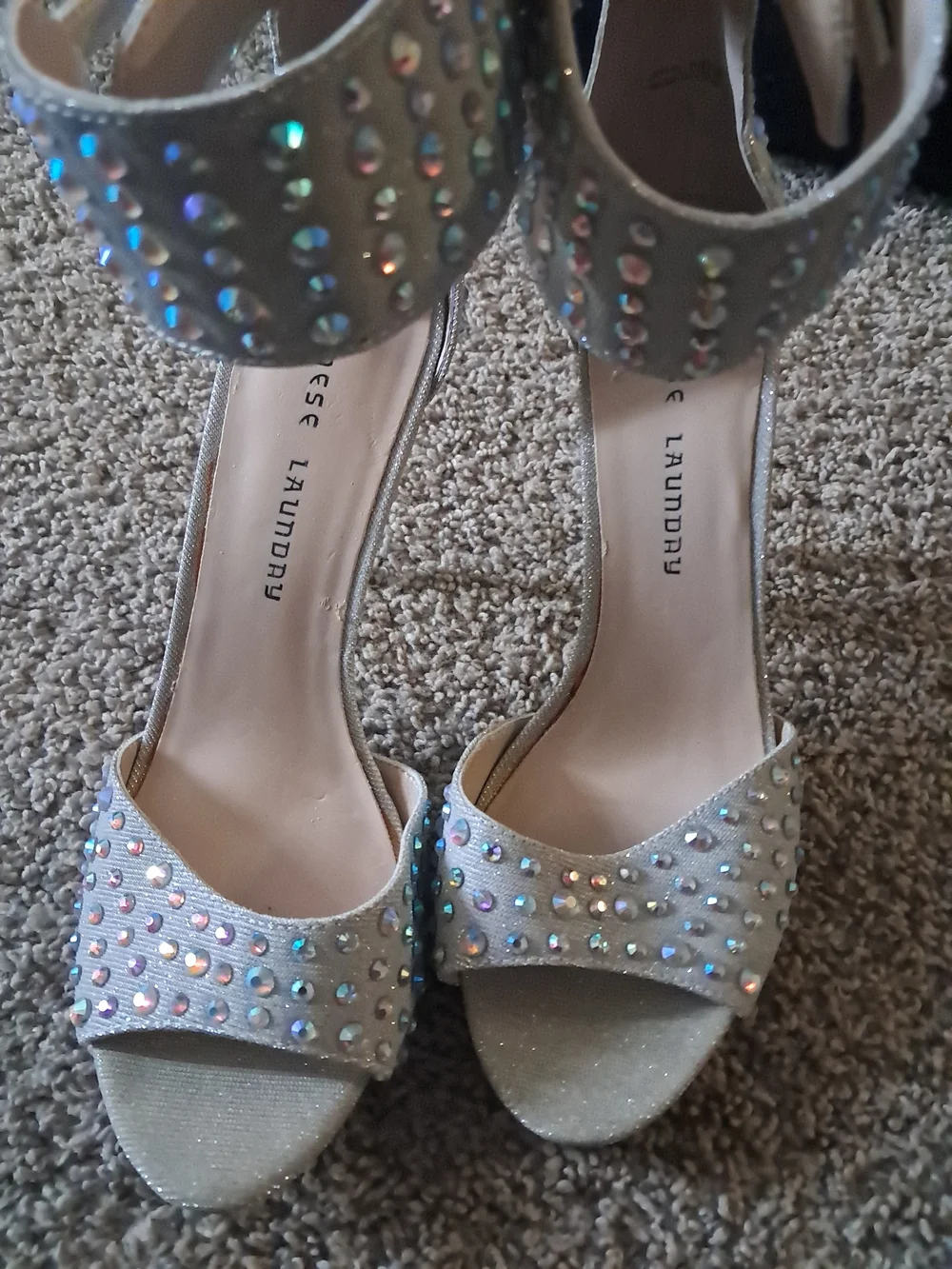 Chinese Laundry Champagne Rhinestone Ankle-Strap Heels
